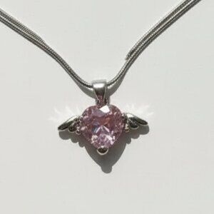 18KGP Light Pink Blush beveled Heart Winged pendant Silver EUC 18" necklace